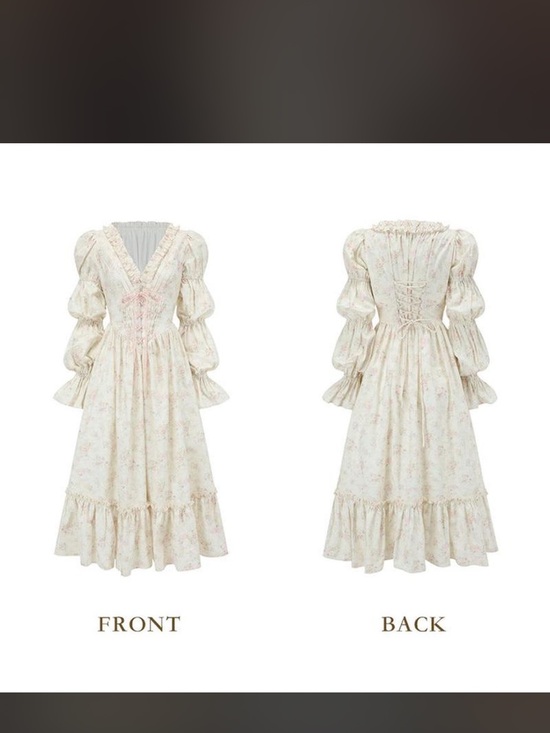 Lacemade Dresses & Skirts - Cream Floral Lace-Up Romantic Chemise with Puff Sleeves